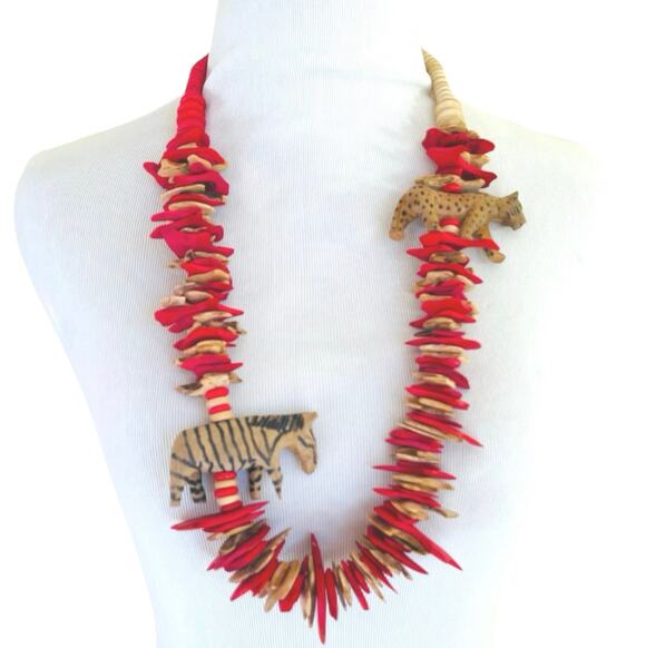 Artisan Jewelry - Artisan Safari Wood Carved Wood Cheetah Zebra Disc Necklace African Tribal Boho
